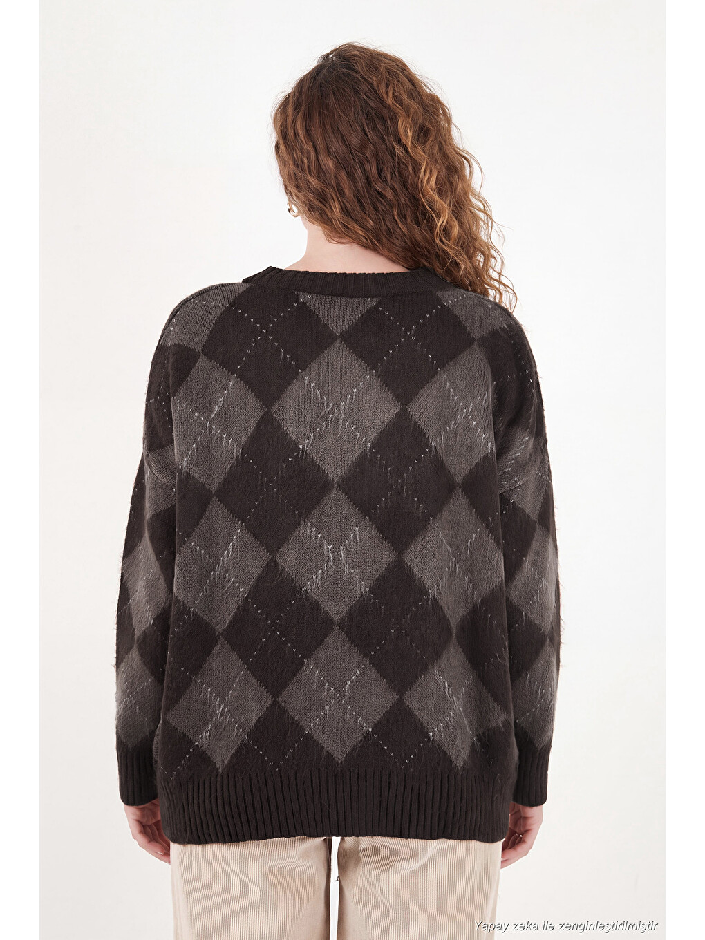 Kahverengi Oversize Fit Bisiklet Yaka Baklava Desenli Kadın Kazak 4615579-6