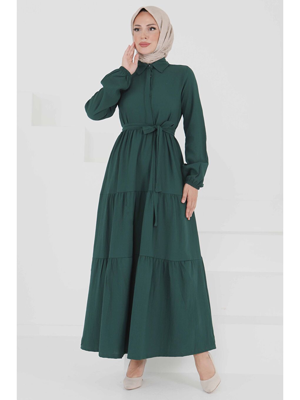 Yeşil Kuşaklı Kat Kat Elbise Zümrüt - 27345-1