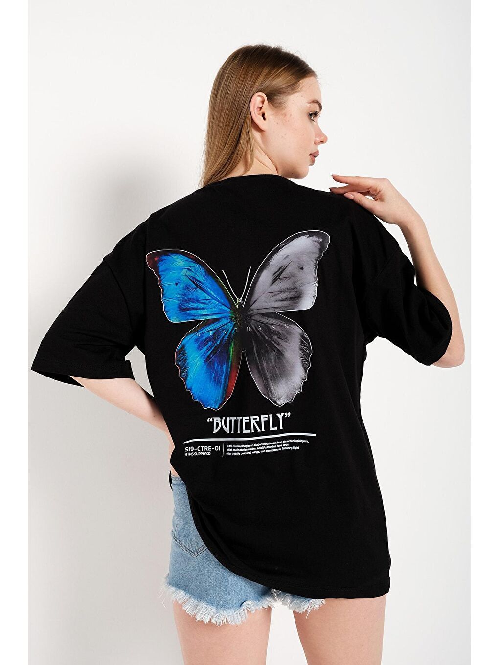 Trendseninle Siyah Kadın Siyah Butterfly Ön Arka Baskılı Oversize Tişört