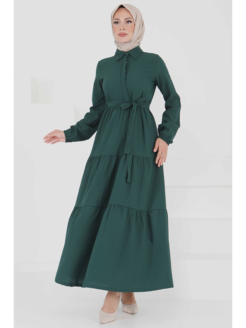 Yeşil Kuşaklı Kat Kat Elbise Zümrüt - 27345-2