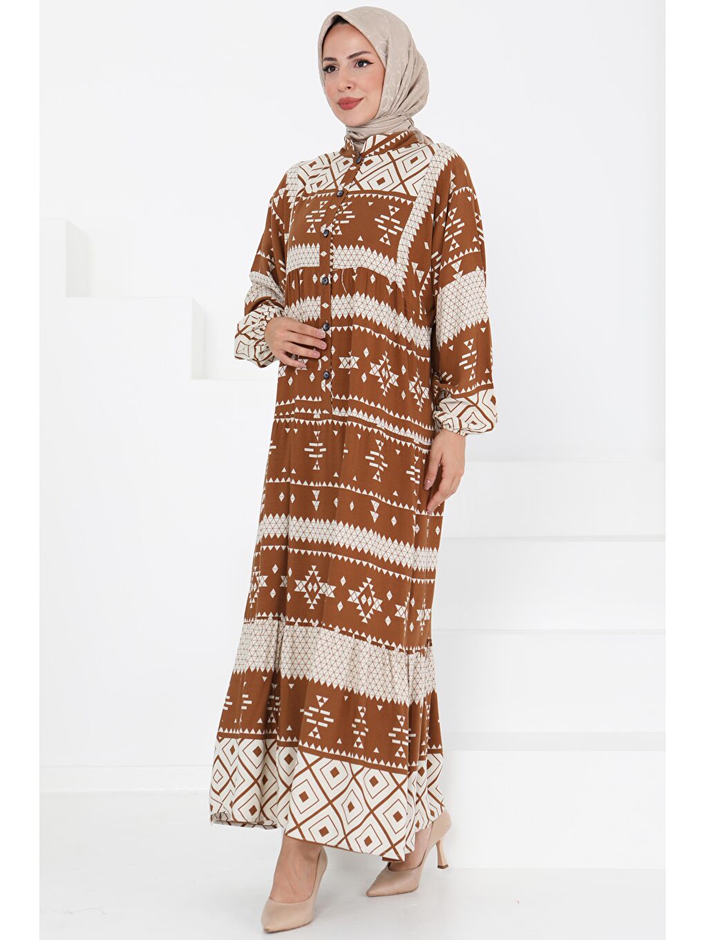 Kahverengi Düğme Detaylı Elbise Kahve - 27396