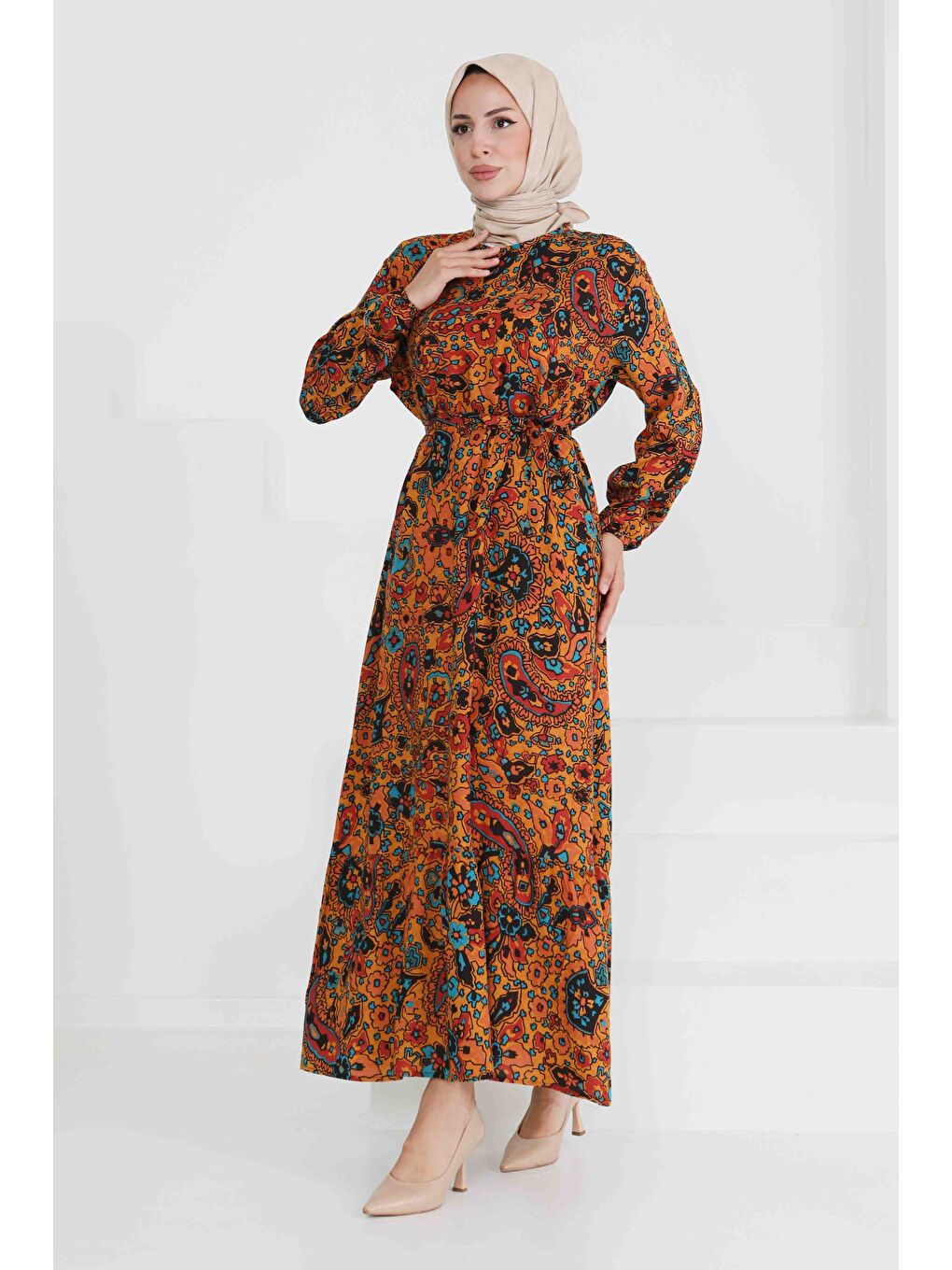 Sarı Desenli Kuşaklı Elbise Hardal - 27472-3