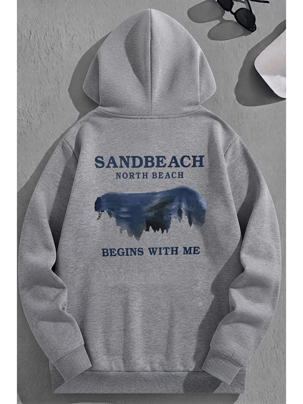 Unisex 3 İplik Pamuklu Gri Sandbeach Baskı Bol Kalıp Sweatshirt Hoodie