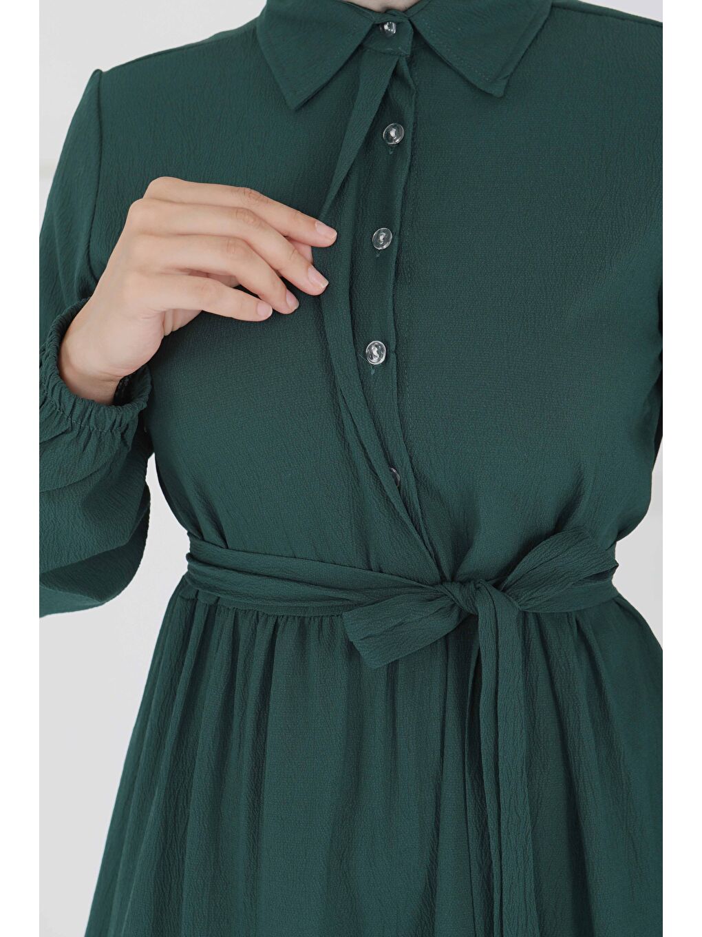 Yeşil Kuşaklı Kat Kat Elbise Zümrüt - 27345-3
