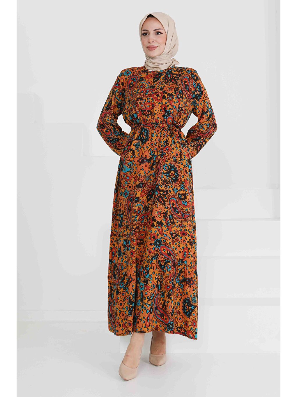 Sarı Desenli Kuşaklı Elbise Hardal - 27472-4