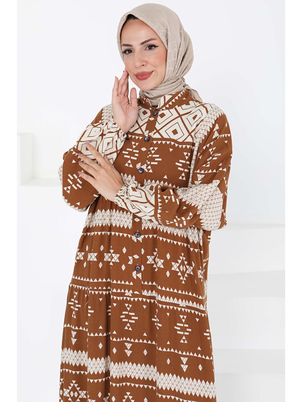 Kahverengi Düğme Detaylı Elbise Kahve - 27396-1