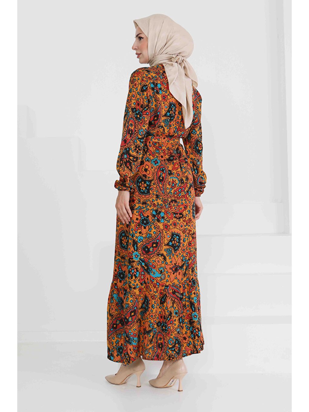 Sarı Desenli Kuşaklı Elbise Hardal - 27472-5