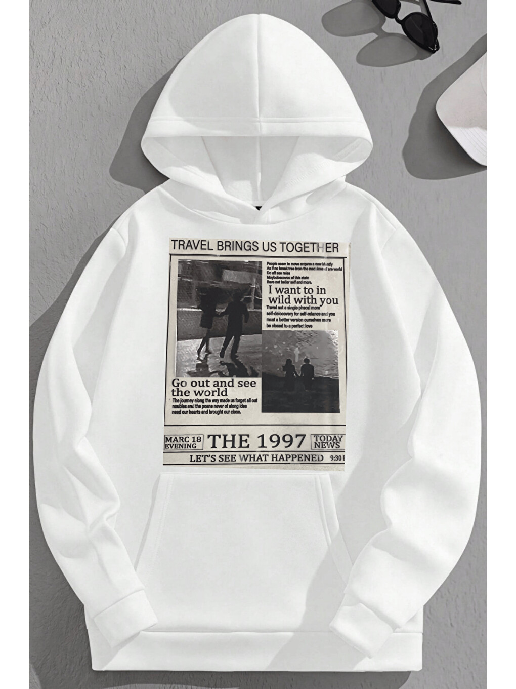Unisex 3 İplik Pamuklu Beyaz The1997gazete Baskı Bol Kalıp Sweatshirt Hoodie