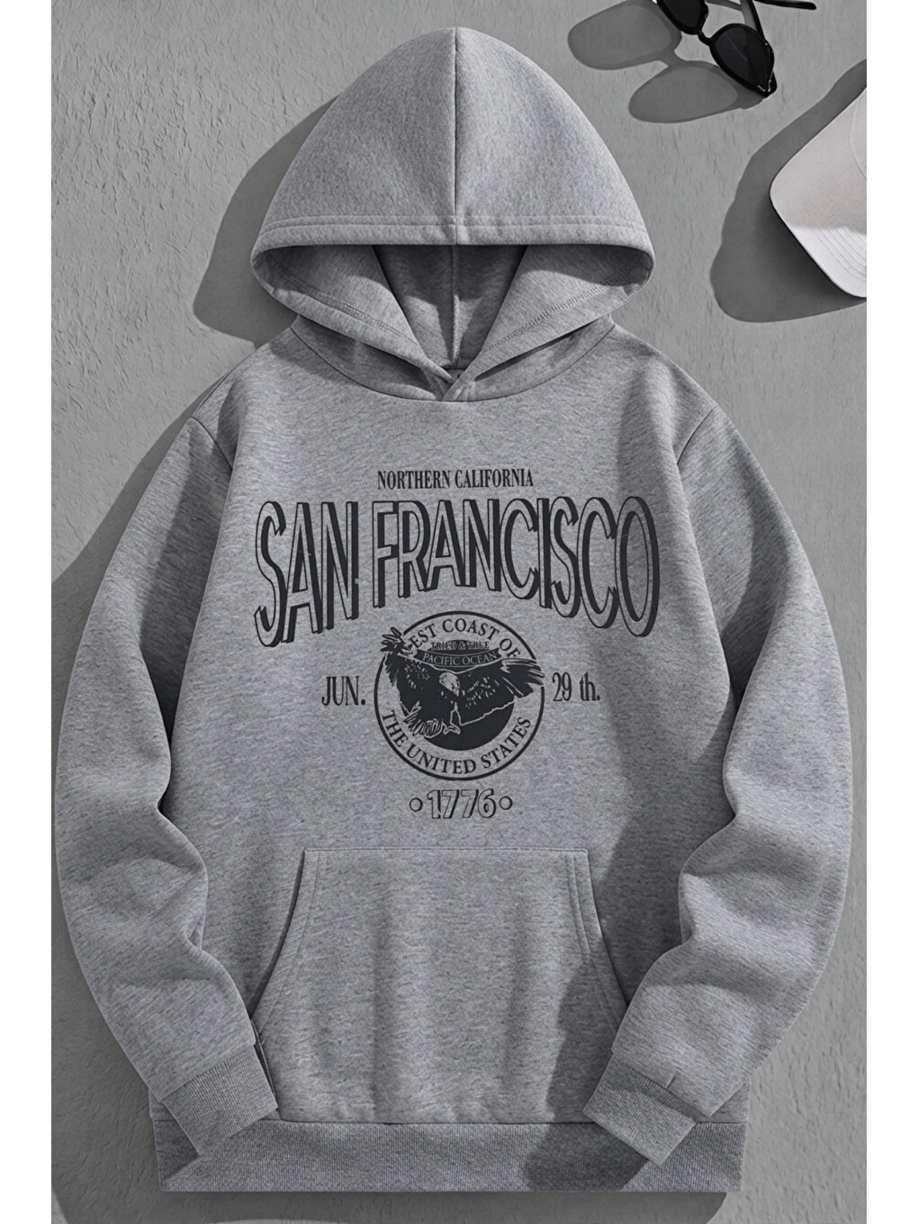 Unisex 3 İplik Pamuklu Gri Sanfrancisco Baskı Bol Kalıp Sweatshirt Hoodie
