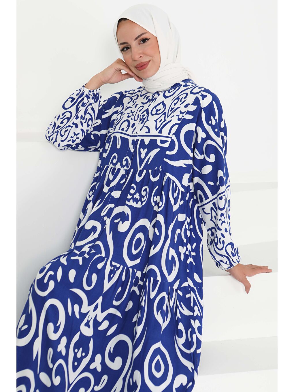 Mavi Desenli Düğmeli Elbise Saks - 27428