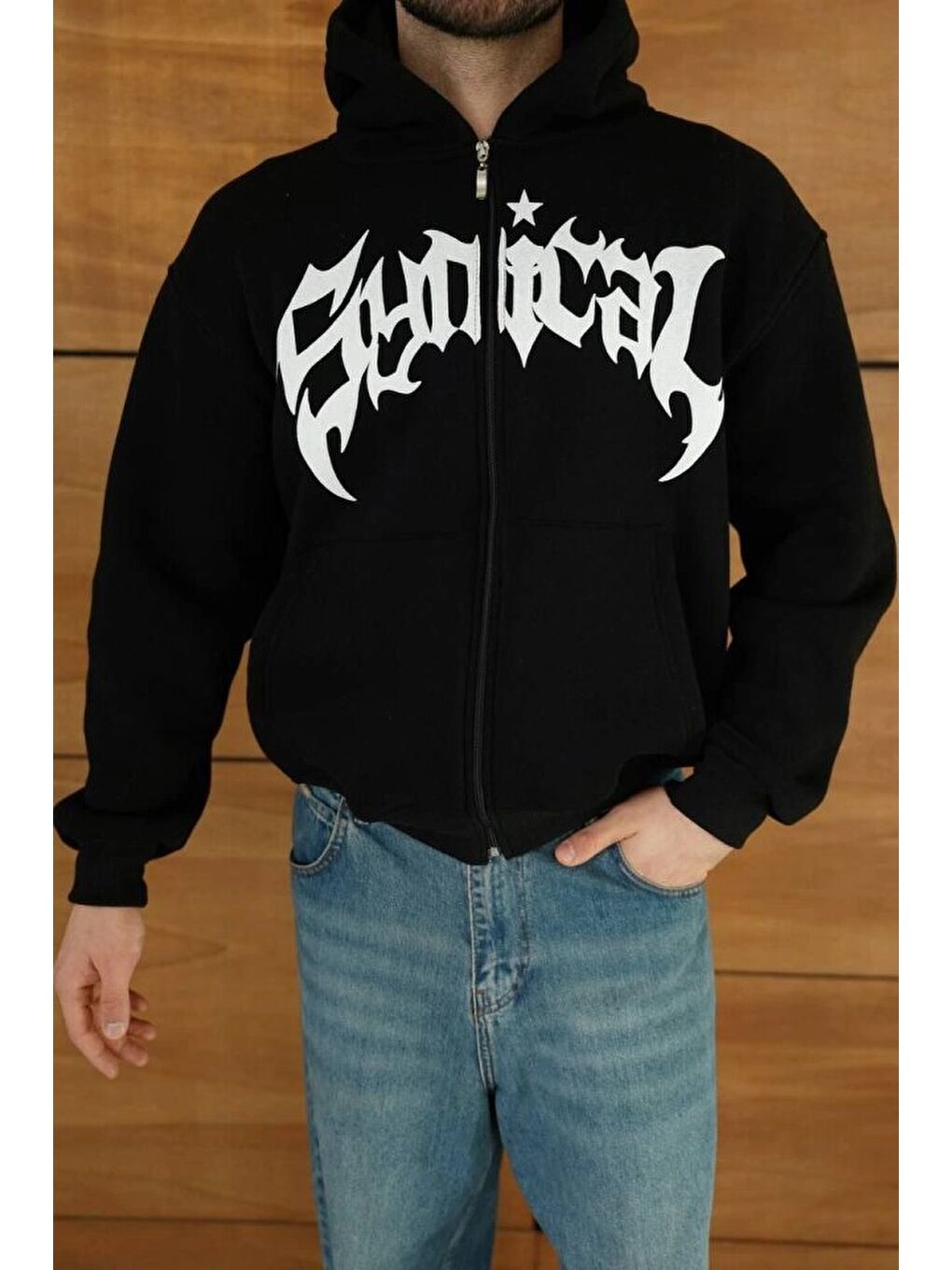 Siyah Erkek Kapüşonlu Sweatshirt Hoodie 3 İplik Şardonlu Pamuklu Kumaş, Önü Baskılı, Fermuarlı Rahat Kalıp-1