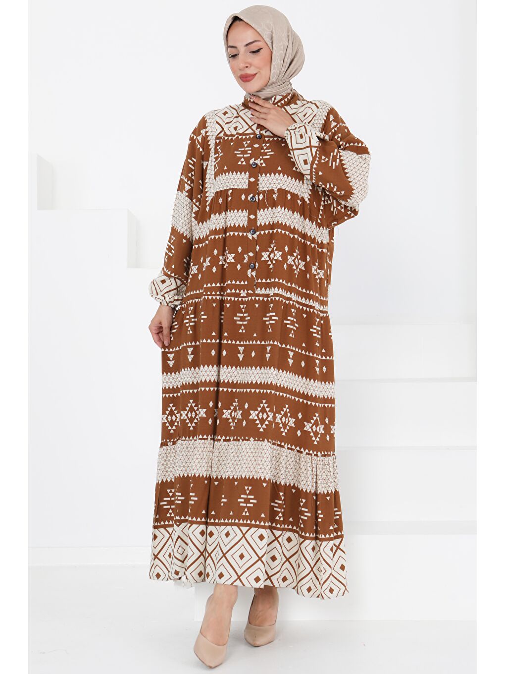 Kahverengi Düğme Detaylı Elbise Kahve - 27396-2