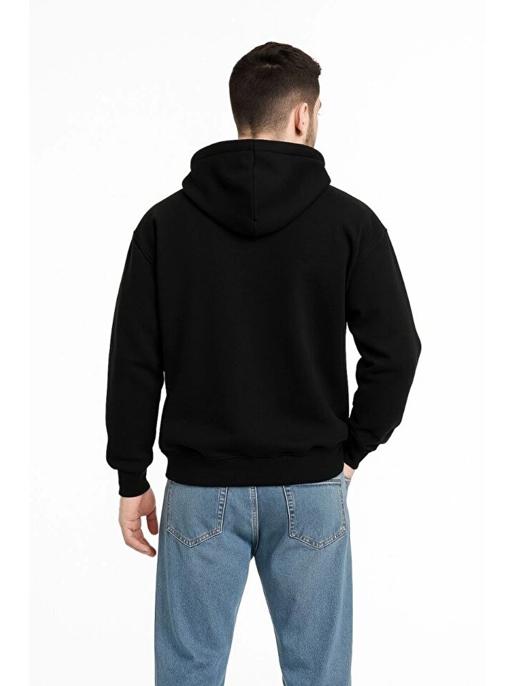 Siyah Erkek Kapüşonlu Sweatshirt Hoodie 3 İplik Şardonlu Pamuklu Kumaş, Önü Baskılı, Fermuarlı Rahat Kalıp-2