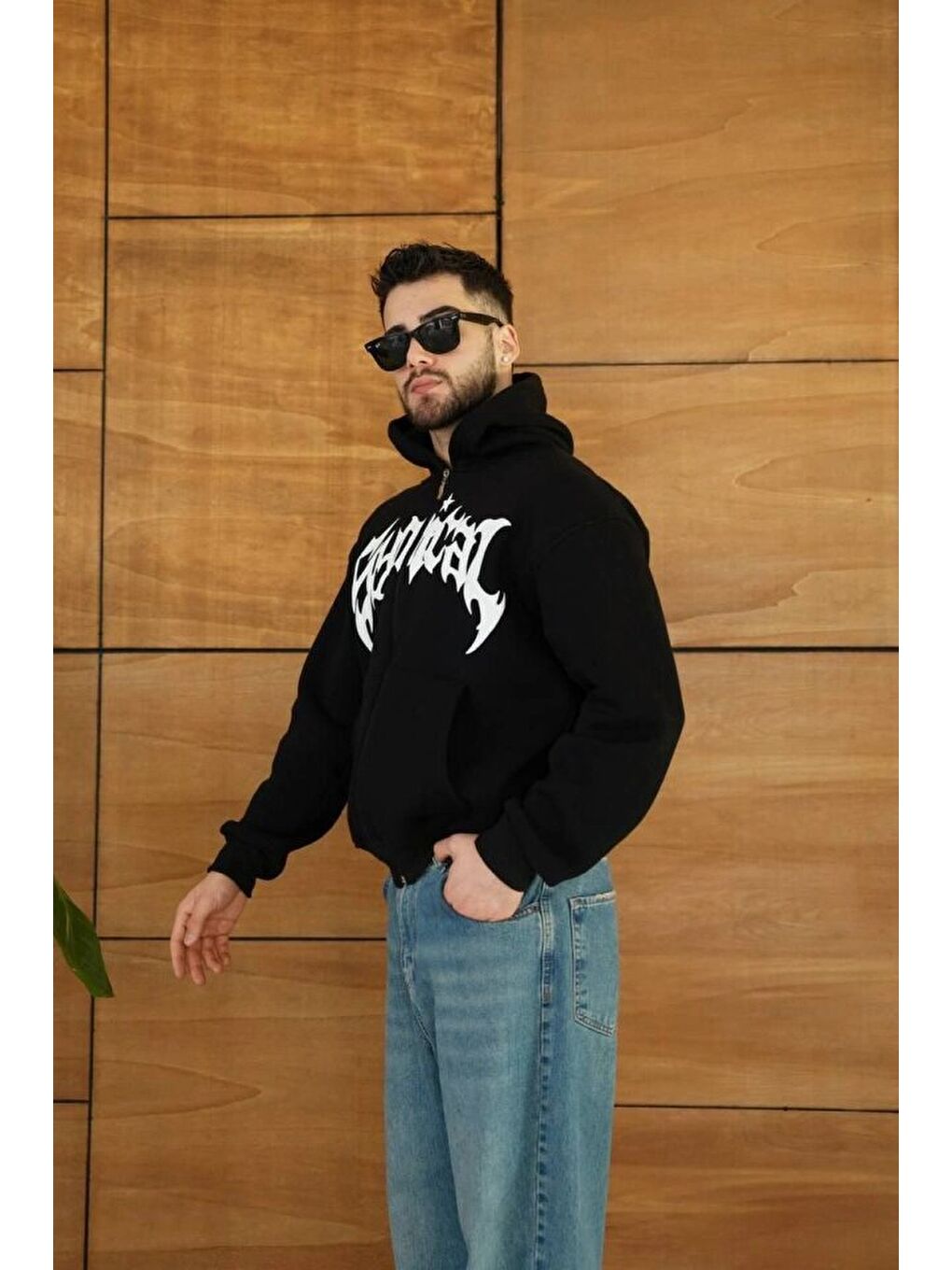 Siyah Erkek Kapüşonlu Sweatshirt Hoodie 3 İplik Şardonlu Pamuklu Kumaş, Önü Baskılı, Fermuarlı Rahat Kalıp-3