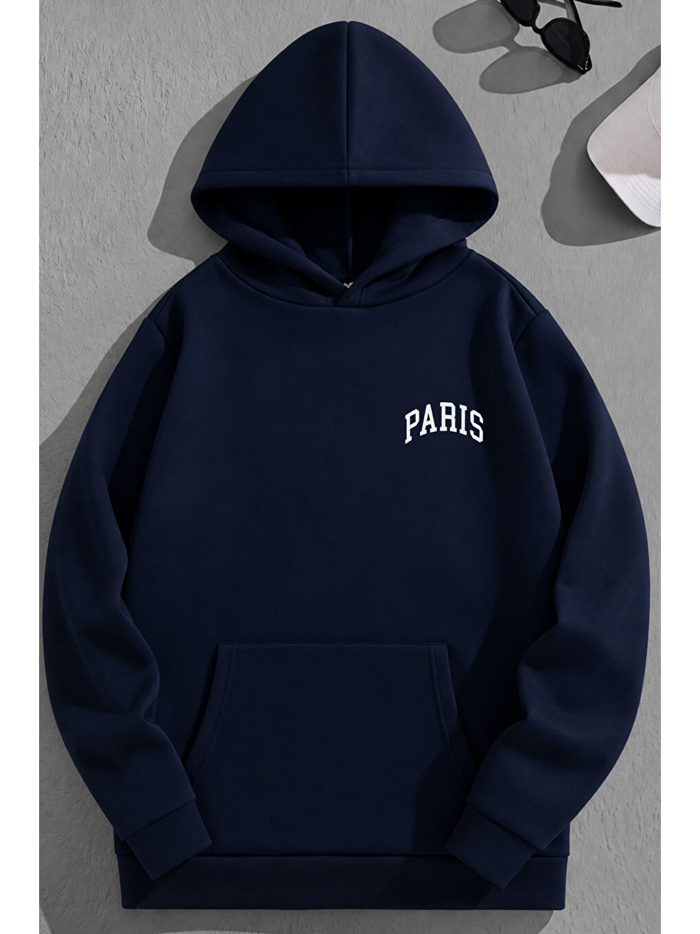 Unisex 3 İplik Pamuklu Lacivert Bol Kalıp Kavis Paris Baskı Sweatshirt Hoodie-1