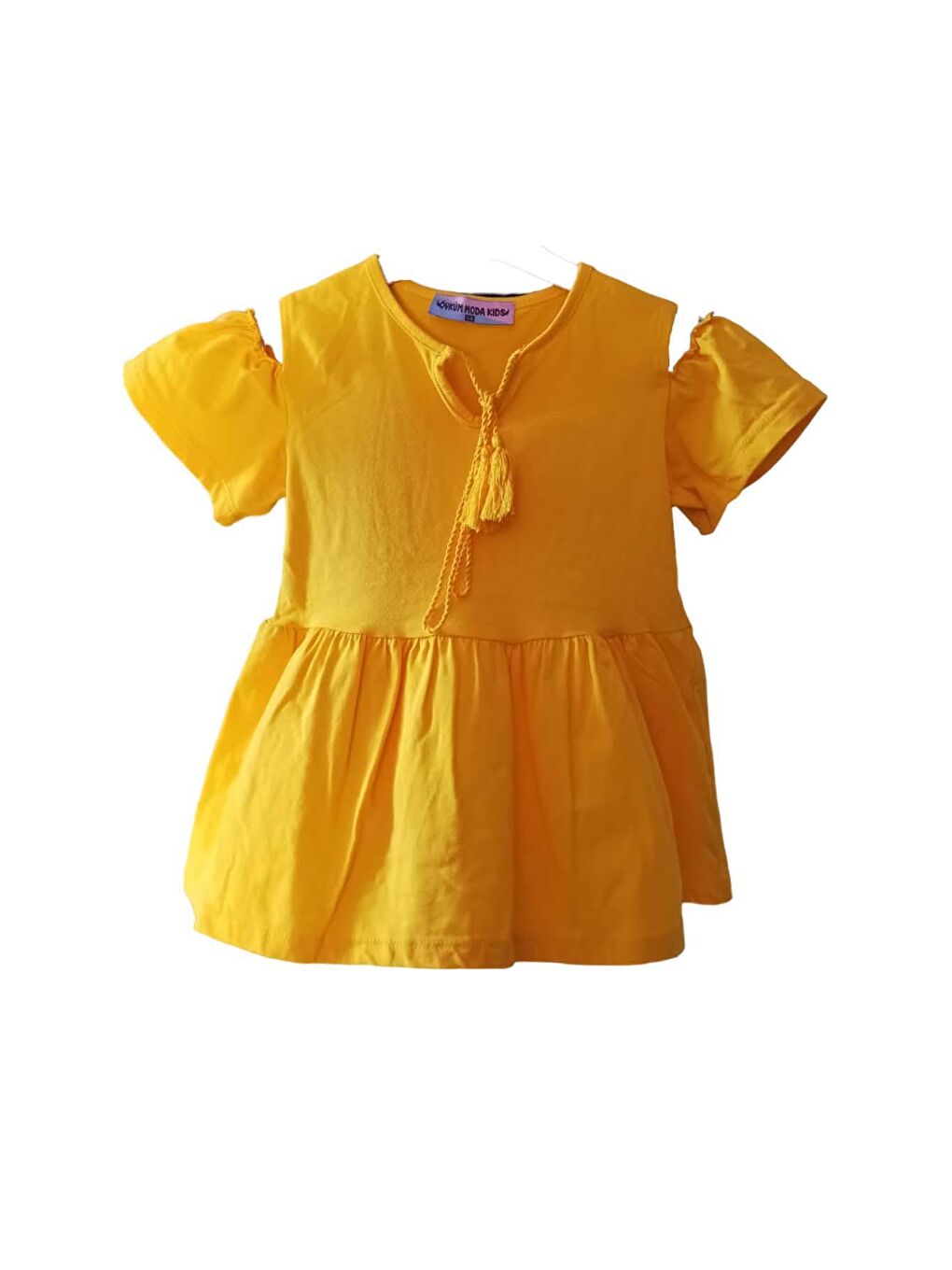 Kız Çocuk Omuzları Yırtmaç Yakası İp Detaylı Eteği Pliseli Sarı Bluz