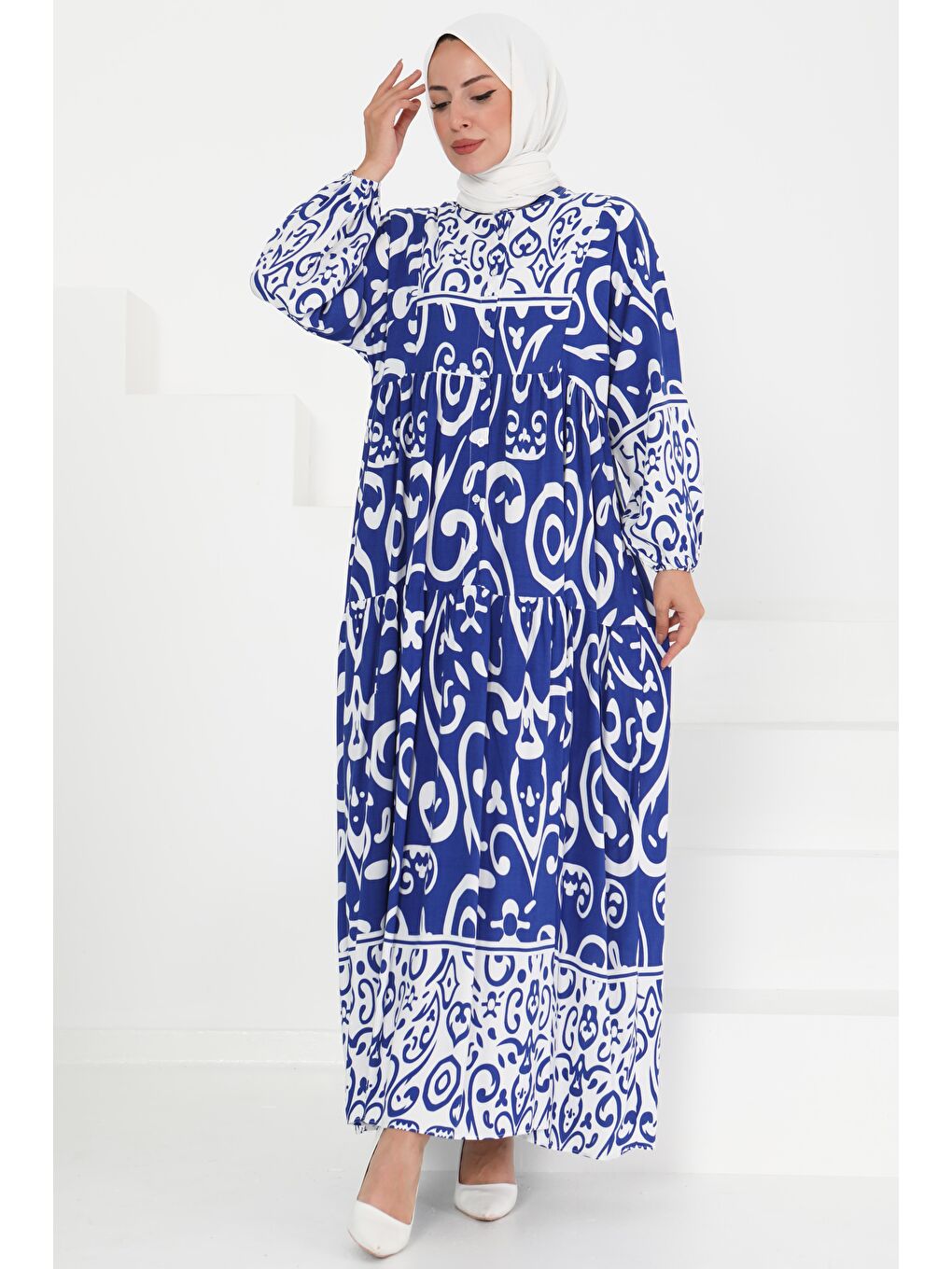 Mavi Desenli Düğmeli Elbise Saks - 27428-1