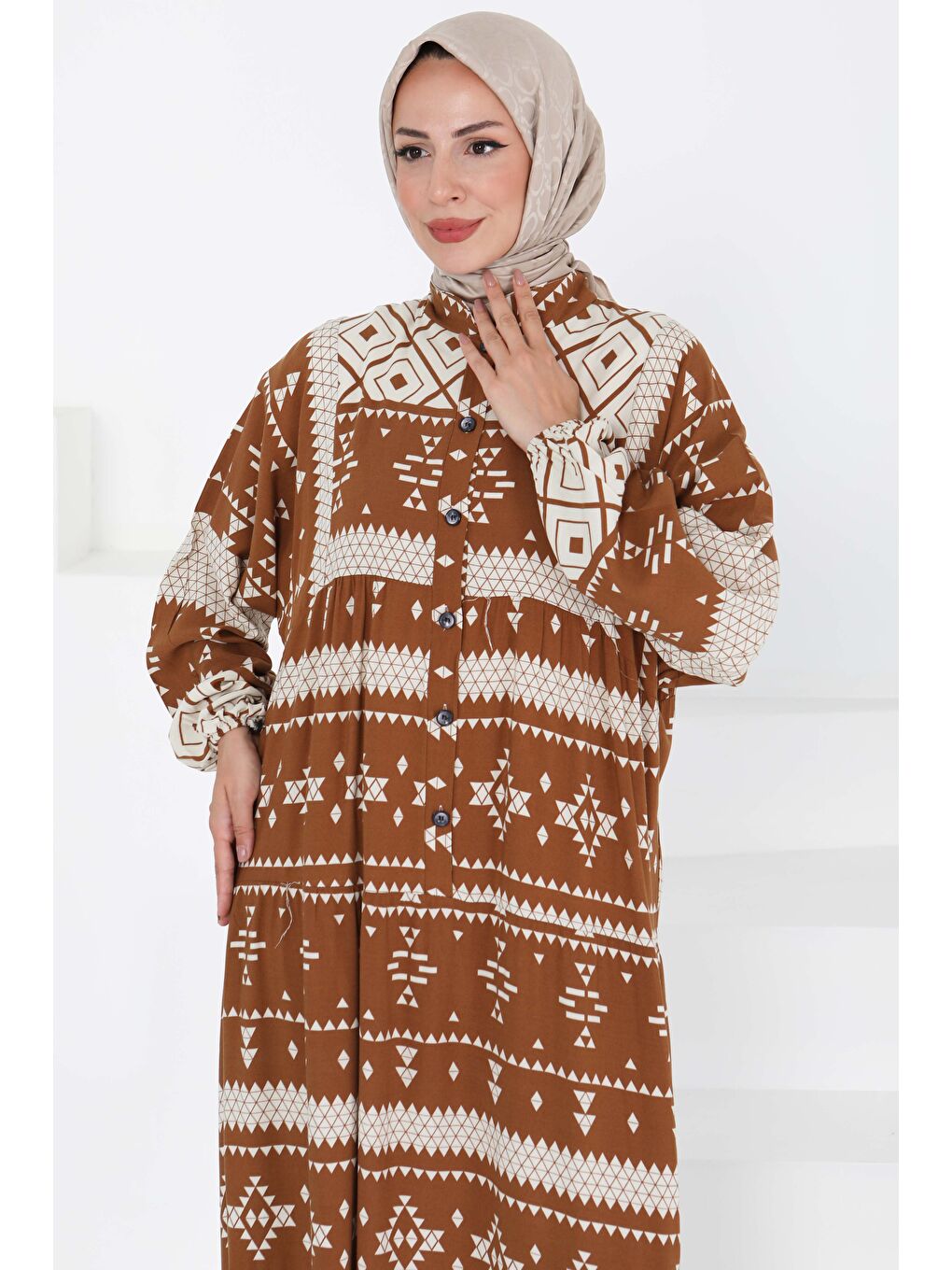 Kahverengi Düğme Detaylı Elbise Kahve - 27396-3