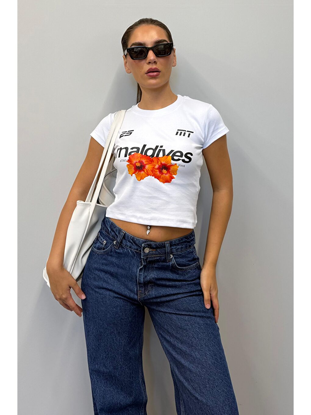 Beyaz Baskılı Kadın Tişört Mg2490-3