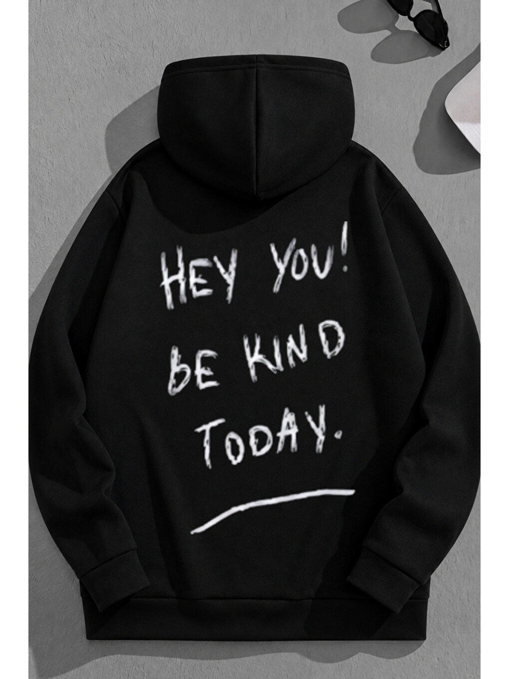 Unisex 3 İplik Pamuklu Siyah Bol Kalıp Hey You! Baskı Sweatshirt Hoodie