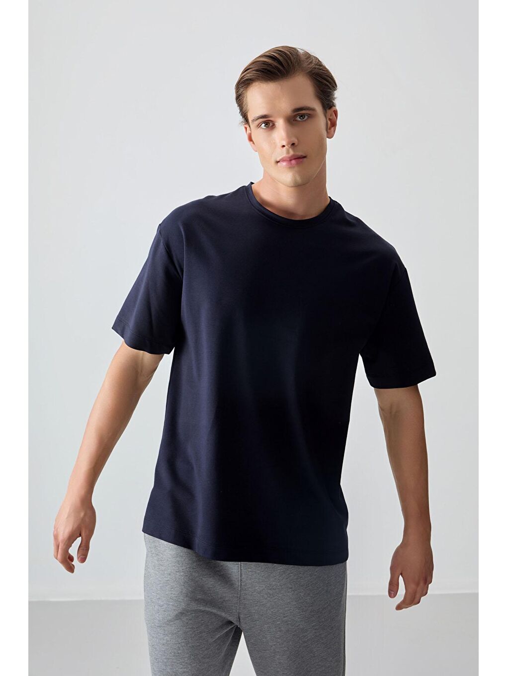 AIR JONES Lacivert Pamuklu Kalın Yumuşak Dokulu Oversize Fit Basic Erkek T- Shirt - 88377 - 3