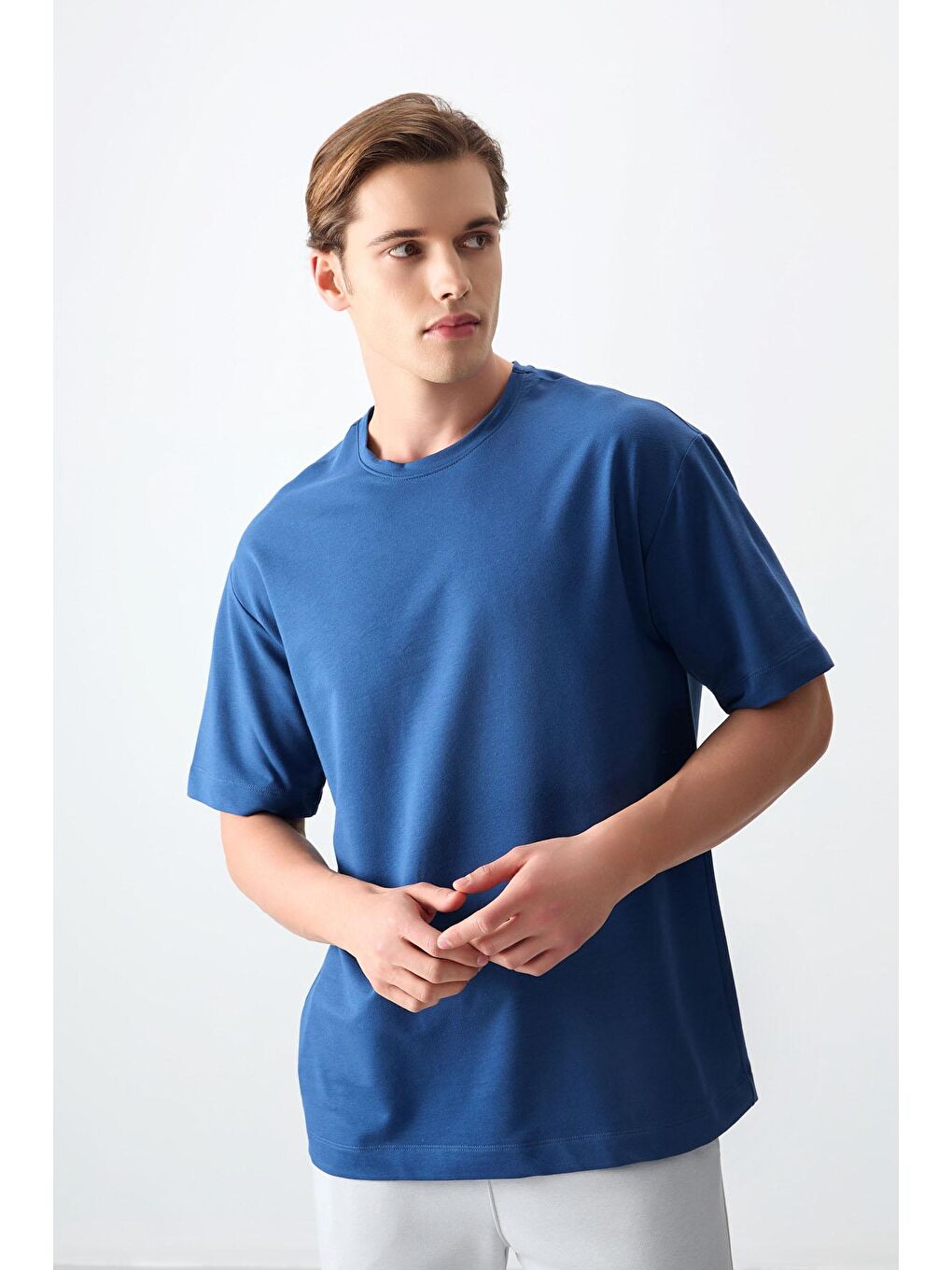 AIR JONES Mavi Parlament Pamuklu Kalın Yumuşak Dokulu Oversize Fit Basic Erkek T- Shirt - 88377 - 3