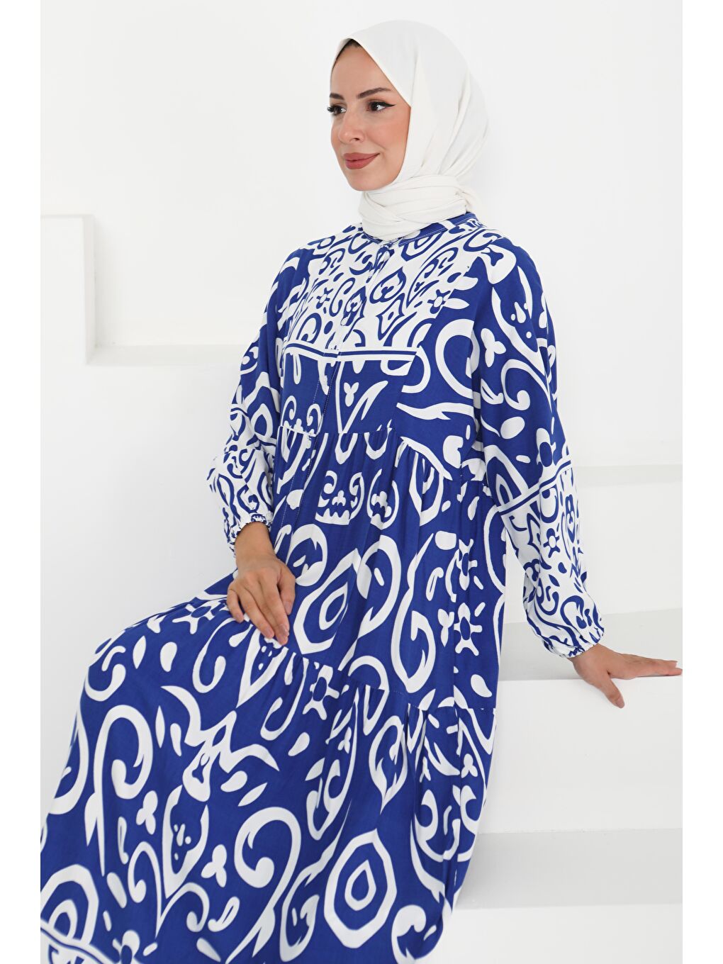 Mavi Desenli Düğmeli Elbise Saks - 27428-2