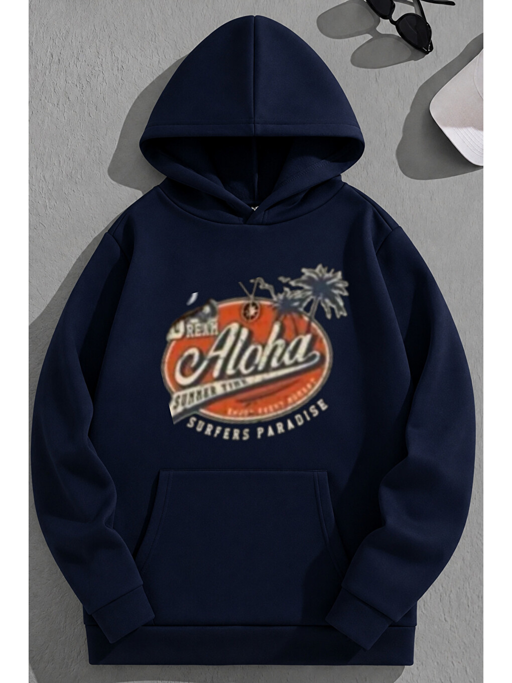 Unisex 3 İplik Pamuklu Lacivert Aloha Bol Kalıp Sweatshirt Hoodie