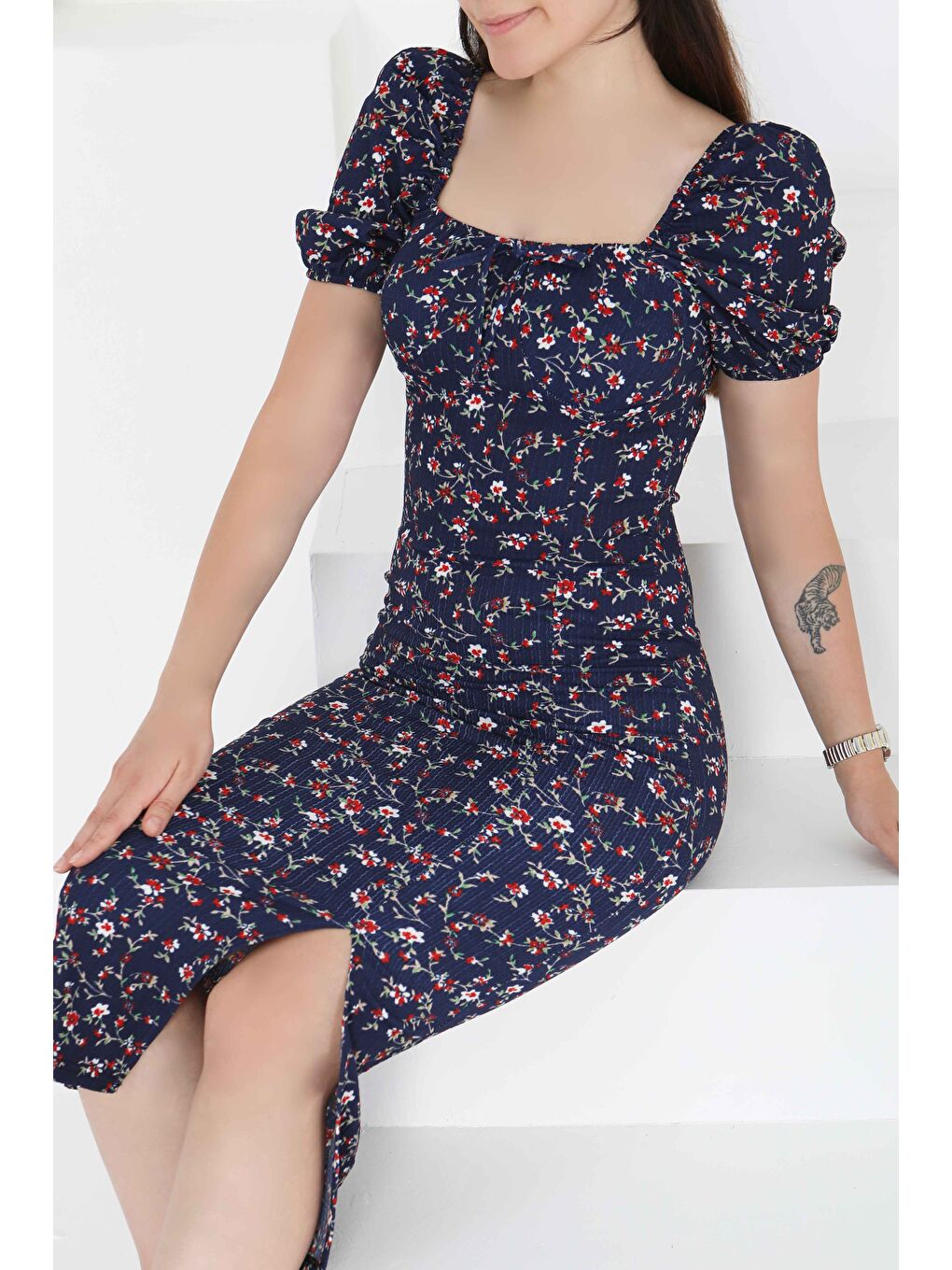 Prenses Kol Yırtmaçlı Elbise Lacivert - 27393