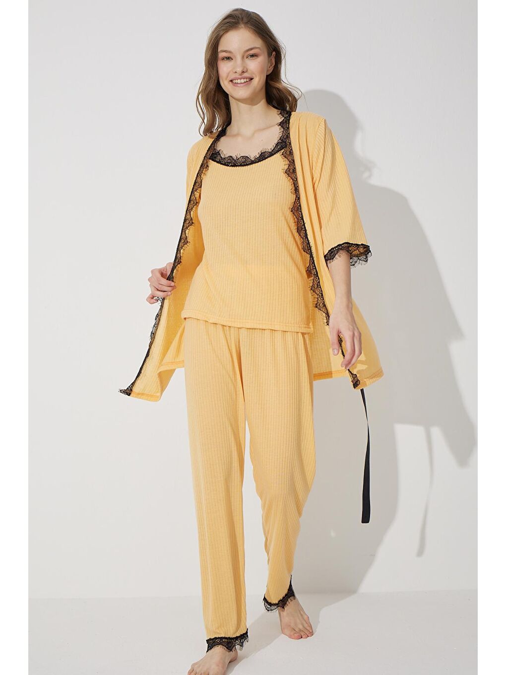 Sarı 3'Lü Soft Touch İnce Örme Sabahlık Takım-1