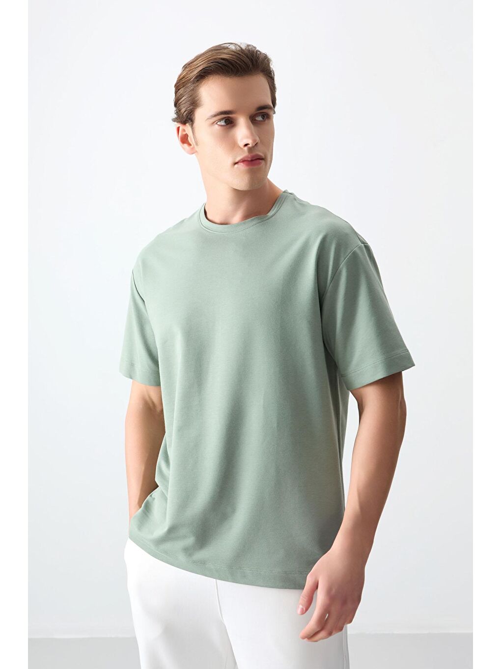 AIR JONES Açık Yeşil Pamuklu Kalın Yumuşak Dokulu Oversize Fit Basic Erkek T-Shirt -88377