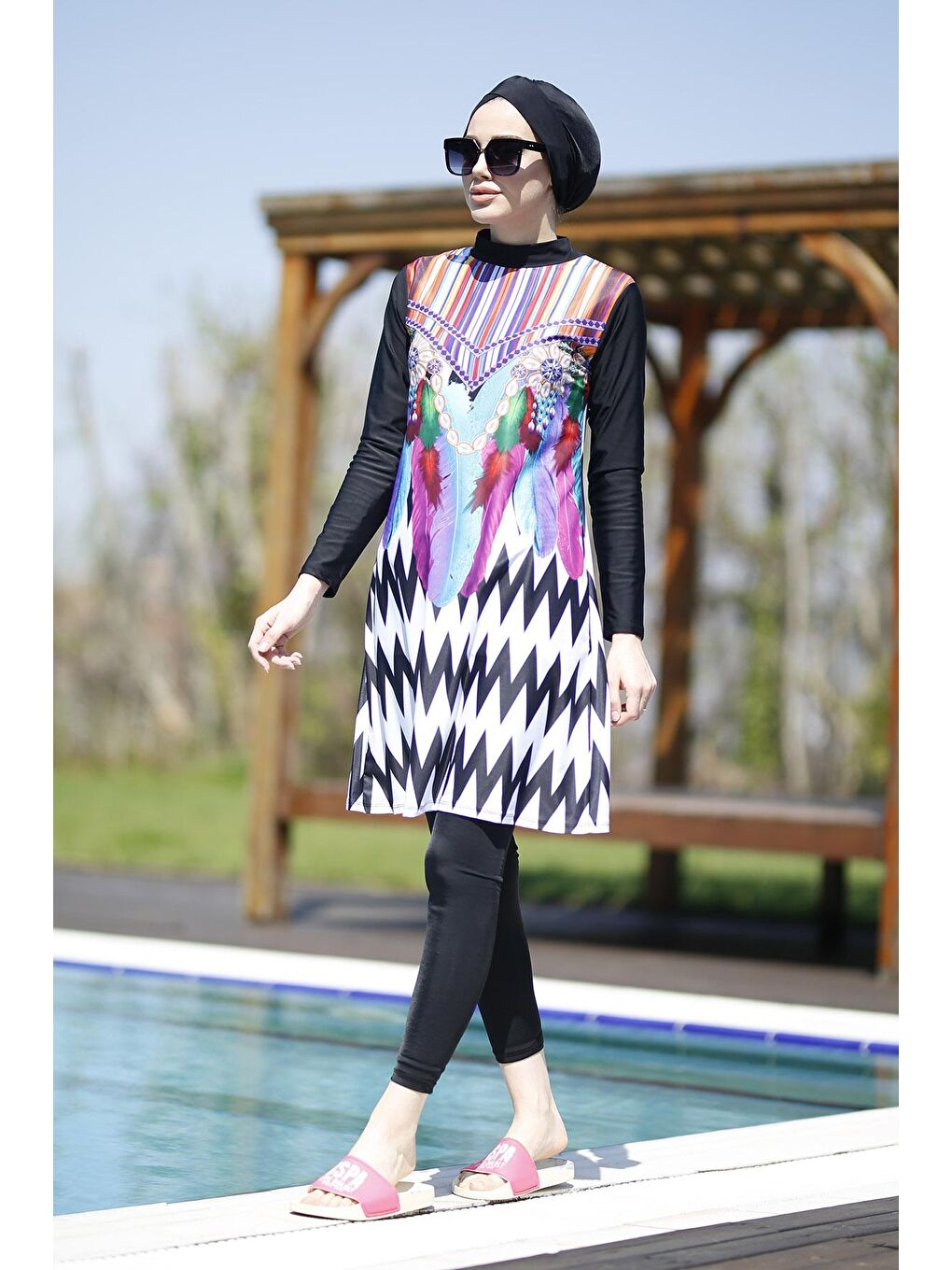 Siyah Tasarım Tam Kapalı Tesettür Mayo Zikzak İnci