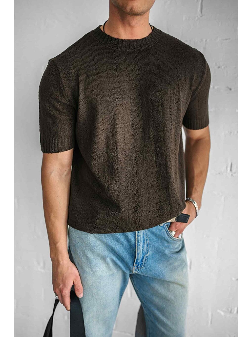 Kahverengi Erkek Regular Fit Örme Desenli Tişört Koyu Kahve