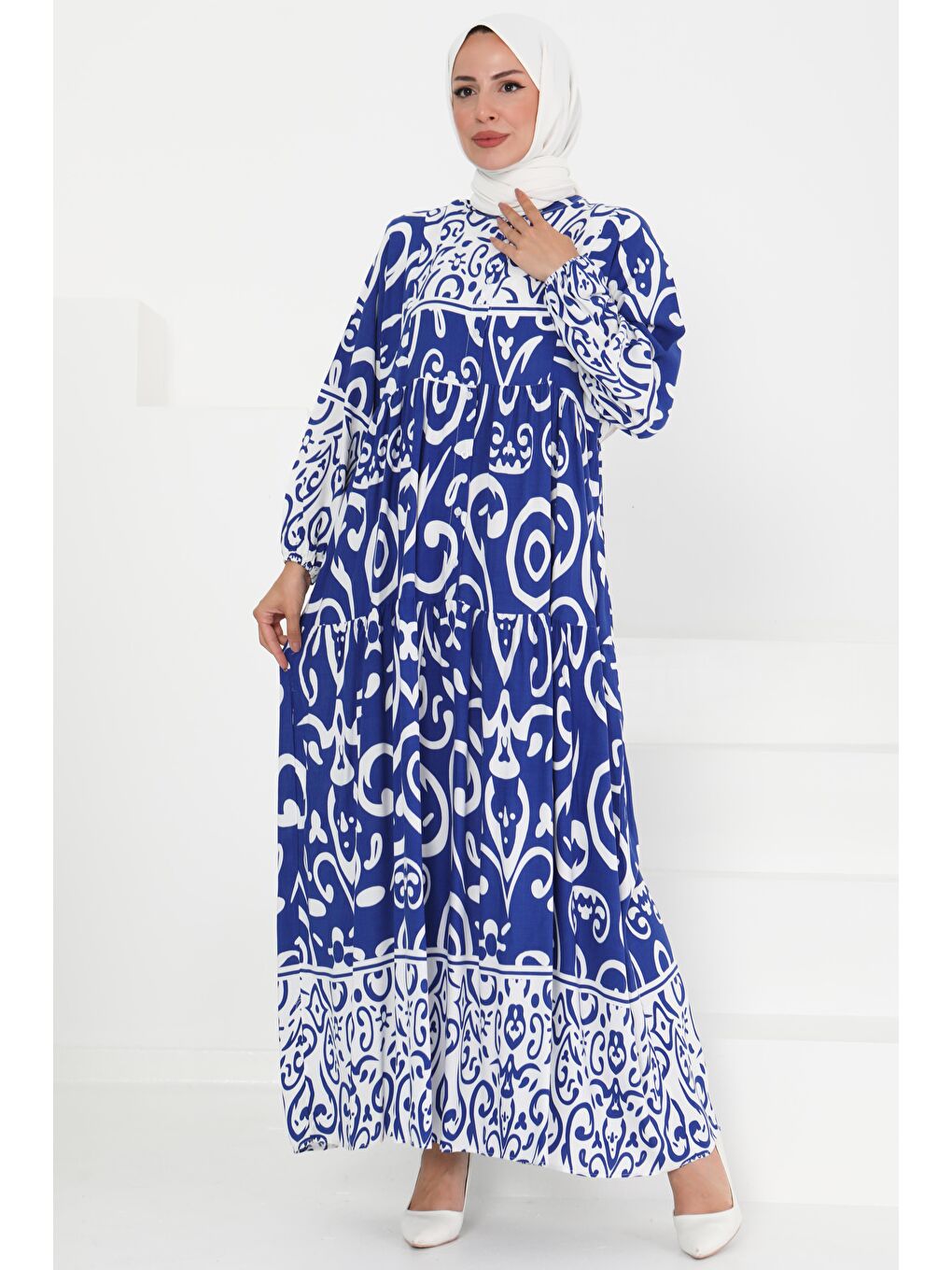 Mavi Desenli Düğmeli Elbise Saks - 27428-3