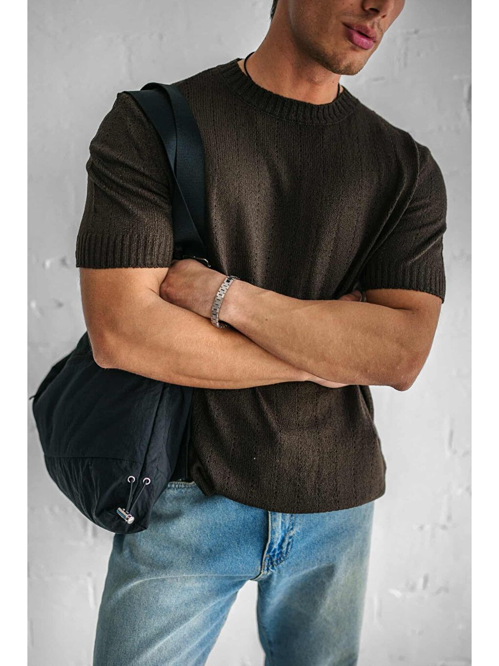 Kahverengi Erkek Regular Fit Örme Desenli Tişört Koyu Kahve-1