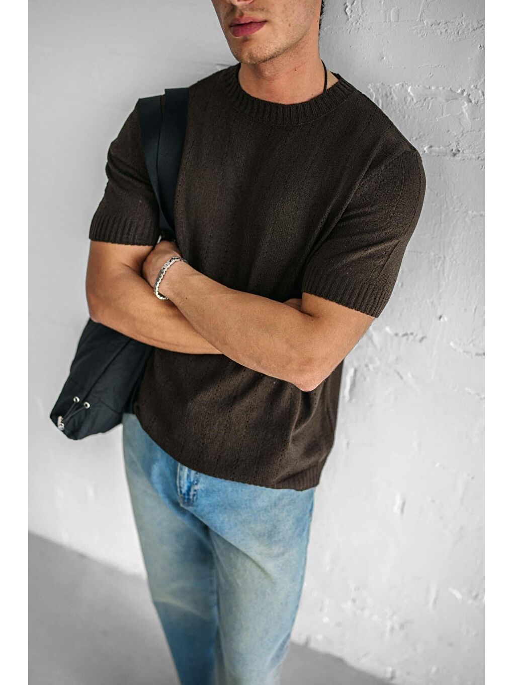 Kahverengi Erkek Regular Fit Örme Desenli Tişört Koyu Kahve-2