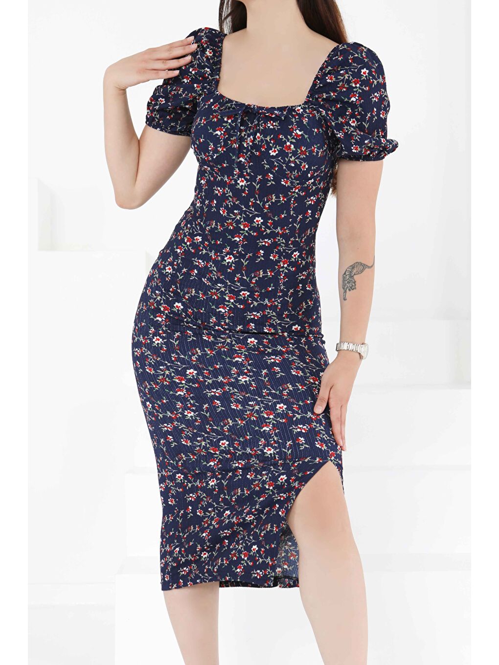 Prenses Kol Yırtmaçlı Elbise Lacivert - 27393-1