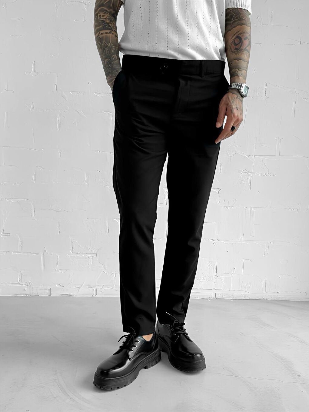 Kaliteli Esnek Elastanlı Bilek Boy Kumaş Erkek Pantolon Siyah