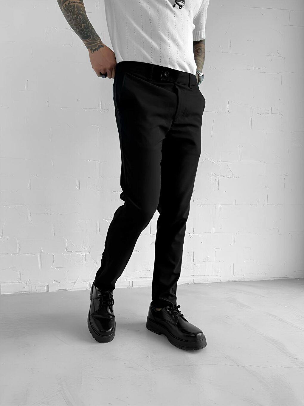 Kaliteli Esnek Elastanlı Bilek Boy Kumaş Erkek Pantolon Siyah-1