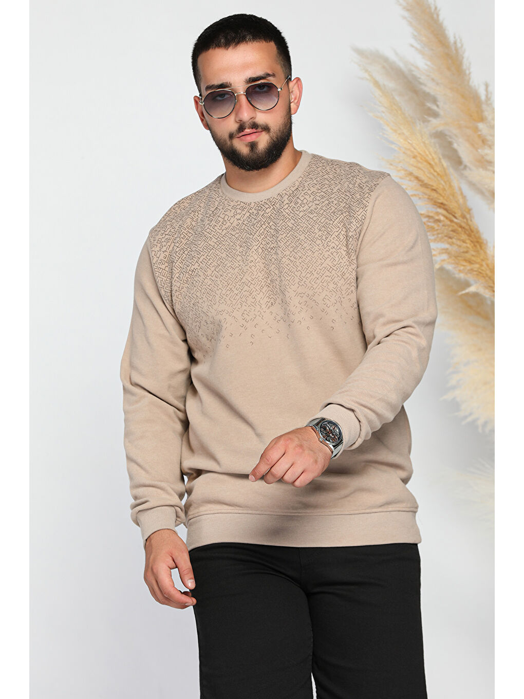 Mishar İtalia Bej Erkek Kendinden Desenli Selanik Sweatshirt