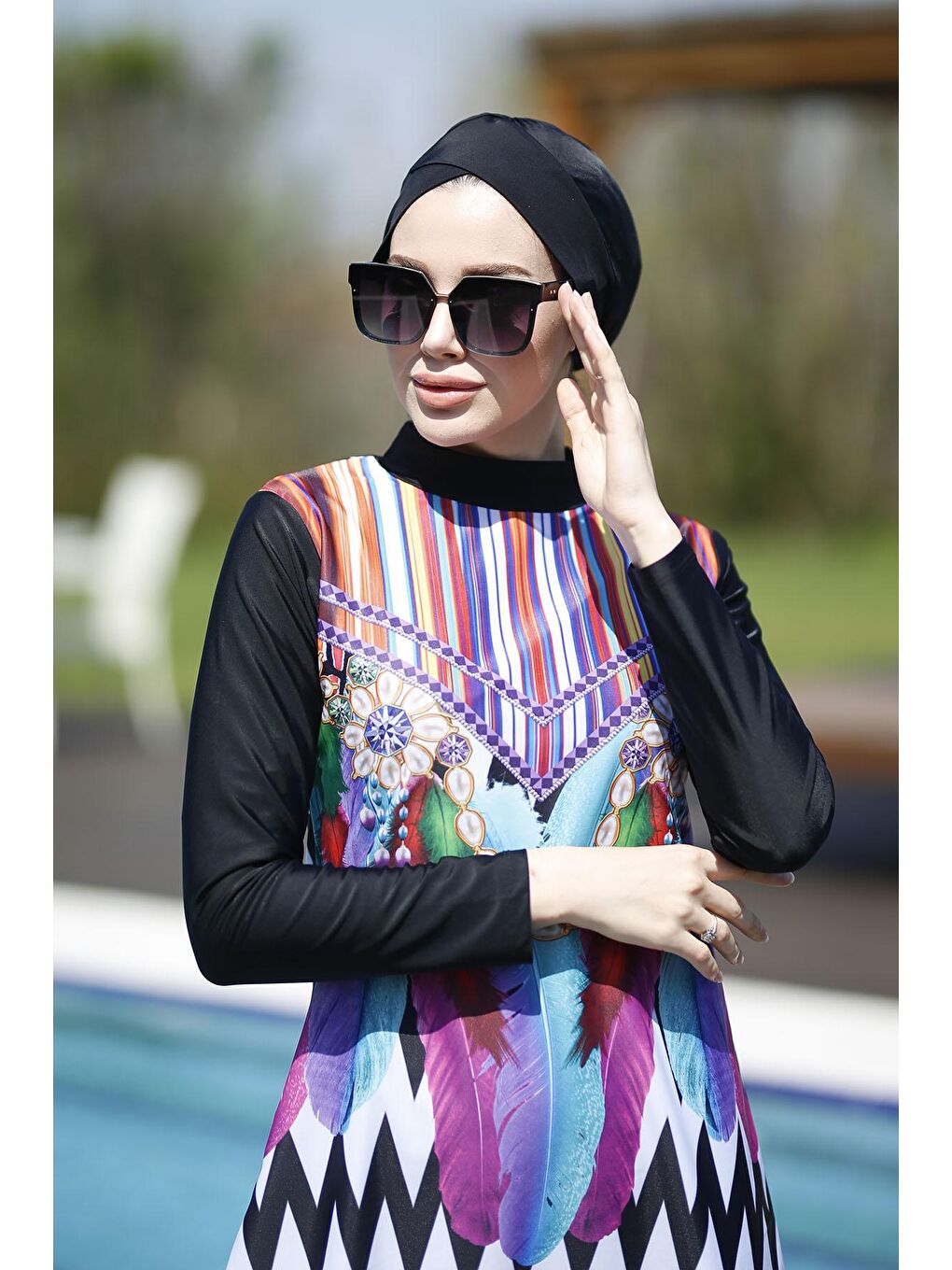 Siyah Tasarım Tam Kapalı Tesettür Mayo Zikzak İnci-1