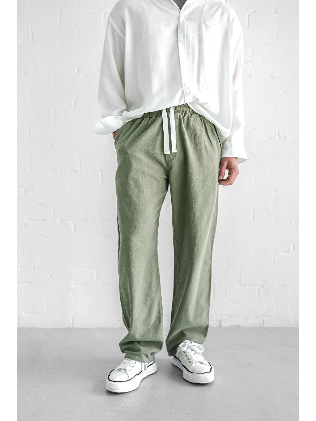 Baggy Fit Keten Erkek Pantolon Açık Yeşil