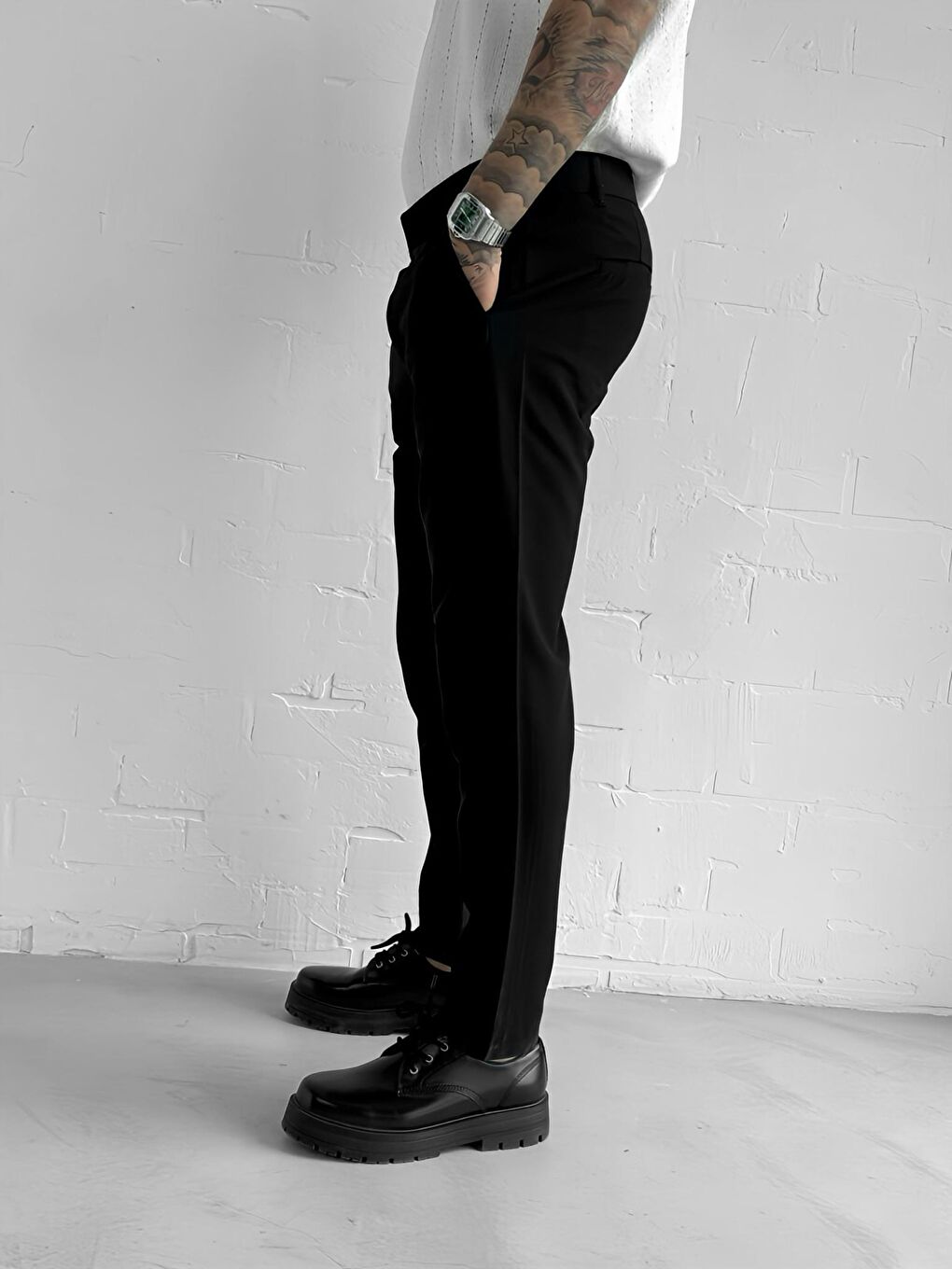 Kaliteli Esnek Elastanlı Bilek Boy Kumaş Erkek Pantolon Siyah-3