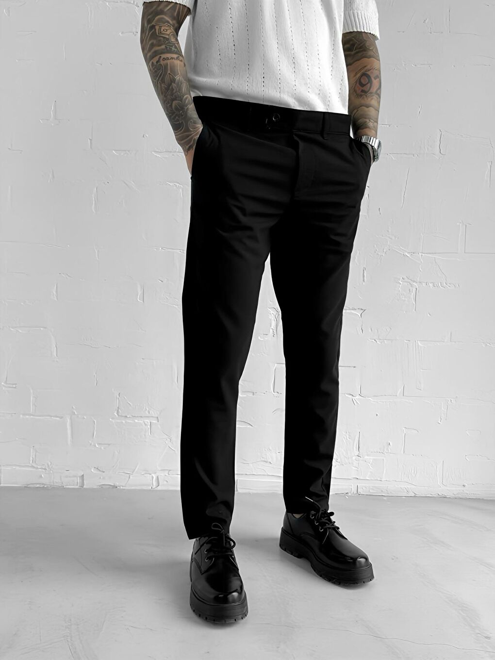 Kaliteli Esnek Elastanlı Bilek Boy Kumaş Erkek Pantolon Siyah-4