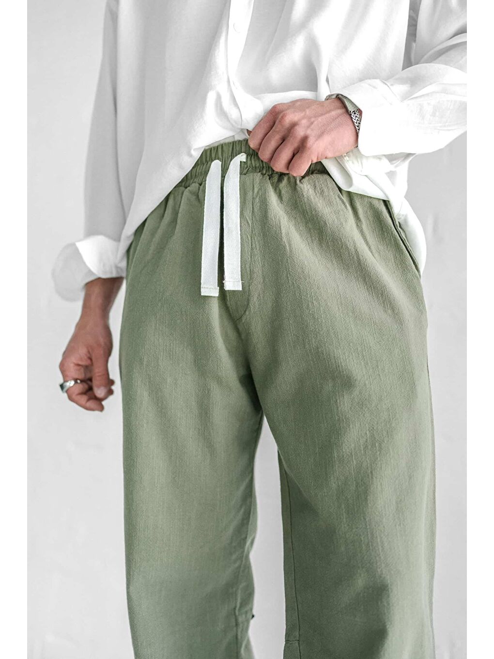 Baggy Fit Keten Erkek Pantolon Açık Yeşil-2