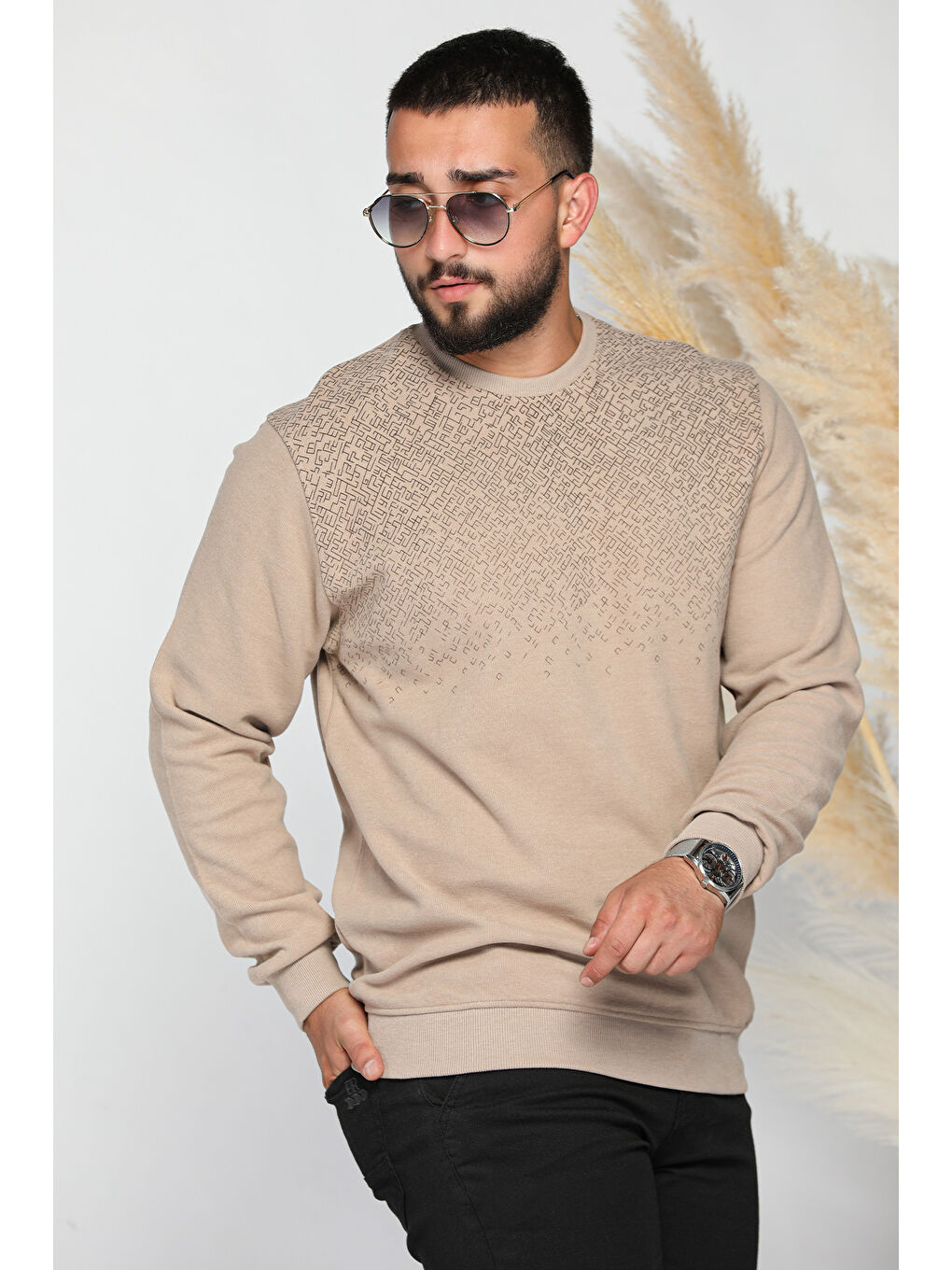 Mishar İtalia Bej Erkek Kendinden Desenli Selanik Sweatshirt - 1