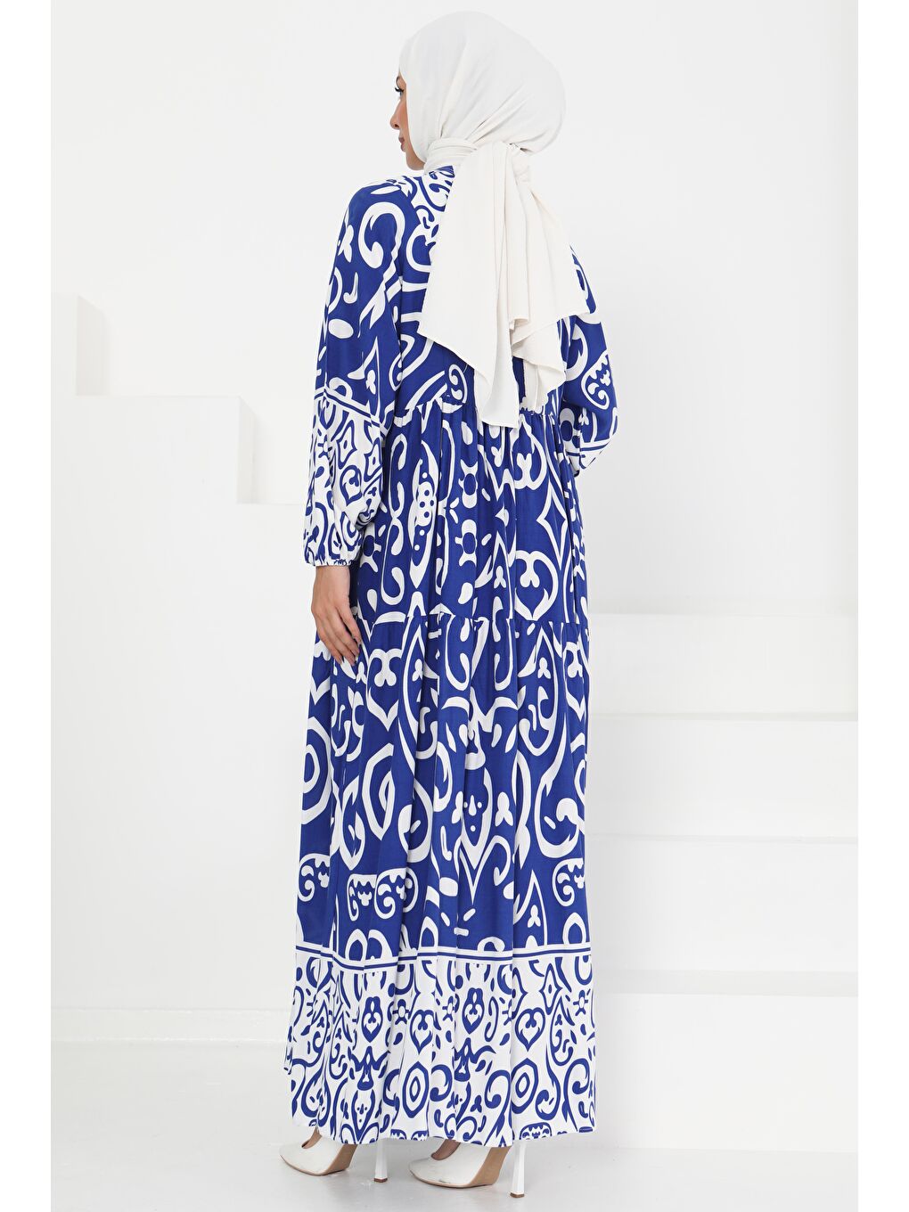 Mavi Desenli Düğmeli Elbise Saks - 27428-4