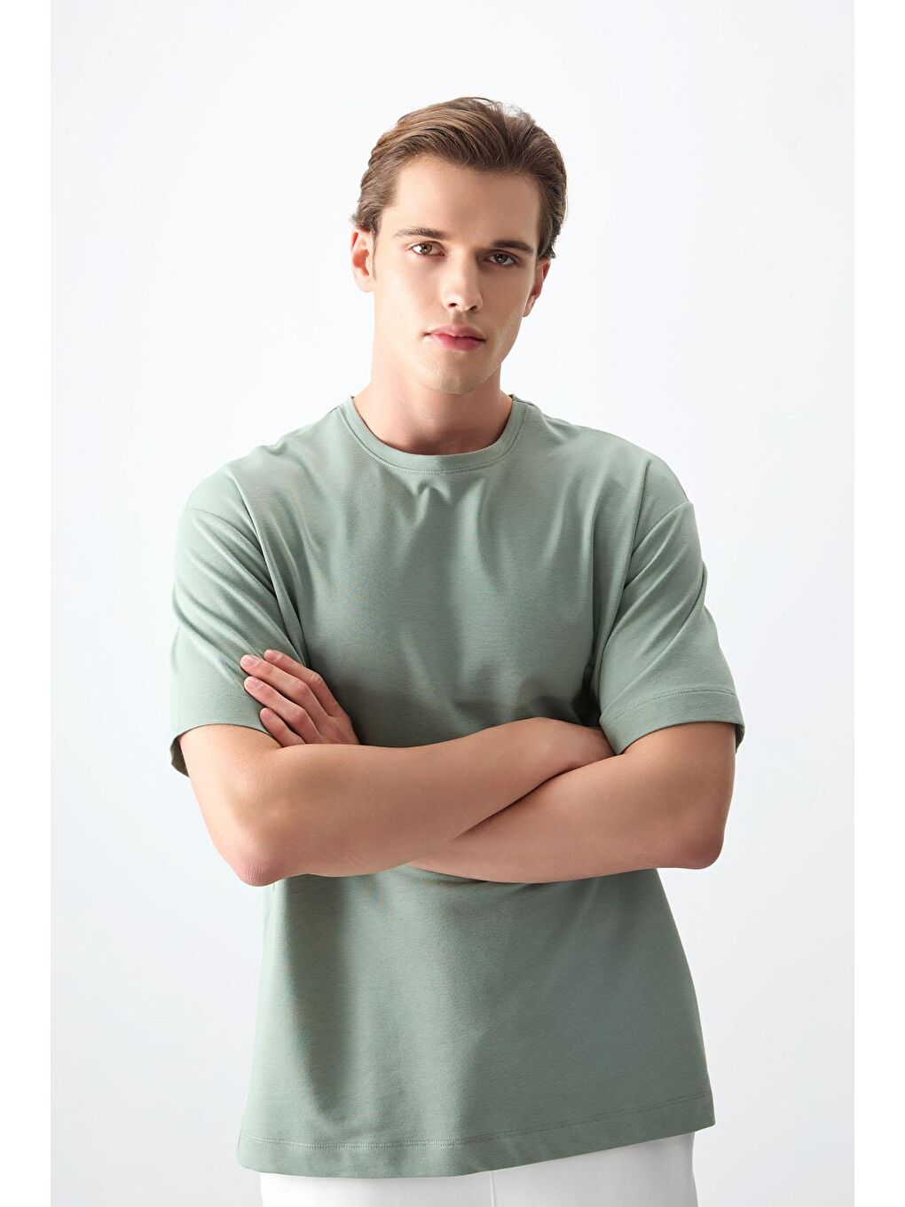 AIR JONES Açık Yeşil Pamuklu Kalın Yumuşak Dokulu Oversize Fit Basic Erkek T-Shirt -88377 - 2