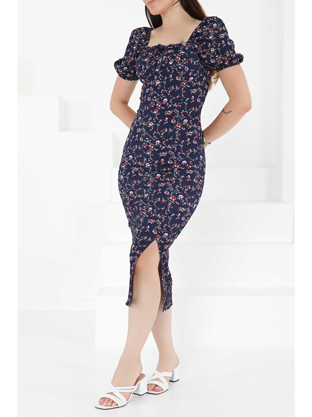 Prenses Kol Yırtmaçlı Elbise Lacivert - 27393-2