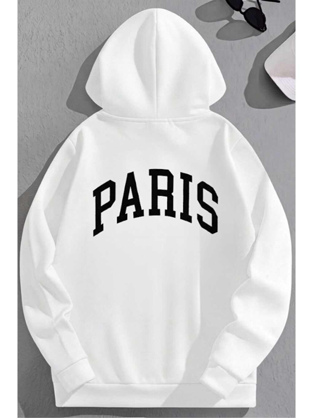 Unisex 3 İplik Pamuklu Beyaz Bol Kalıp Kavis Parıs Baskı Sweatshirt Hoodie